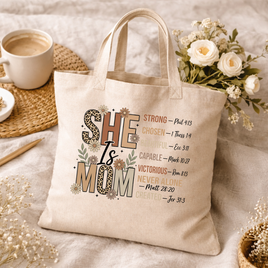 She is Mom Canvas Tote | Christian Faith Bag