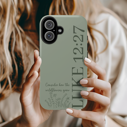 Consider the Wildflowers - Modern Vertical | Luke 12:27 Phone Case (Sage Green)